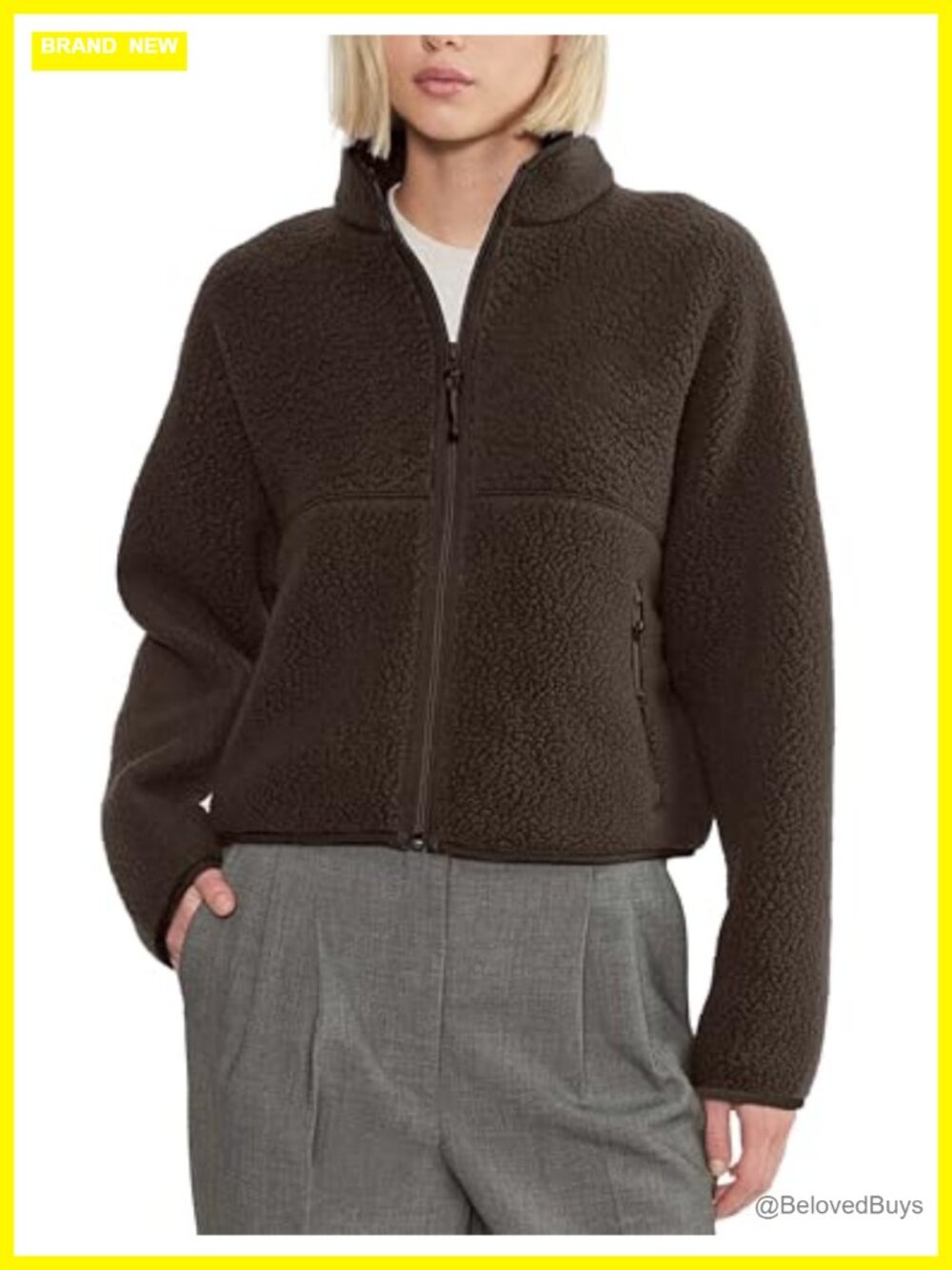 Women's Full Zip Sherpa Fleece Jacket Stand Collar Zip Pockets Warm Winter Coat